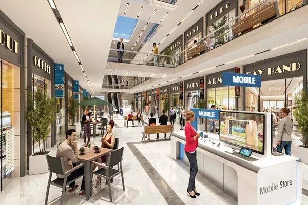 shopping mall interior with retail stores